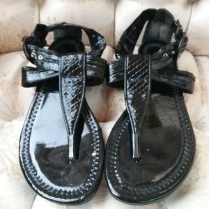 KALI Black Glossy Patent Open Toe Thongs Sandals Flats Buckle Shoes Women Size 7